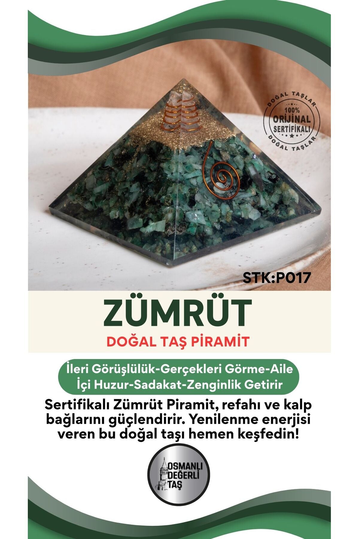 Sertifikalı Zümrüt Doğal Taş Piramit No:2 P017