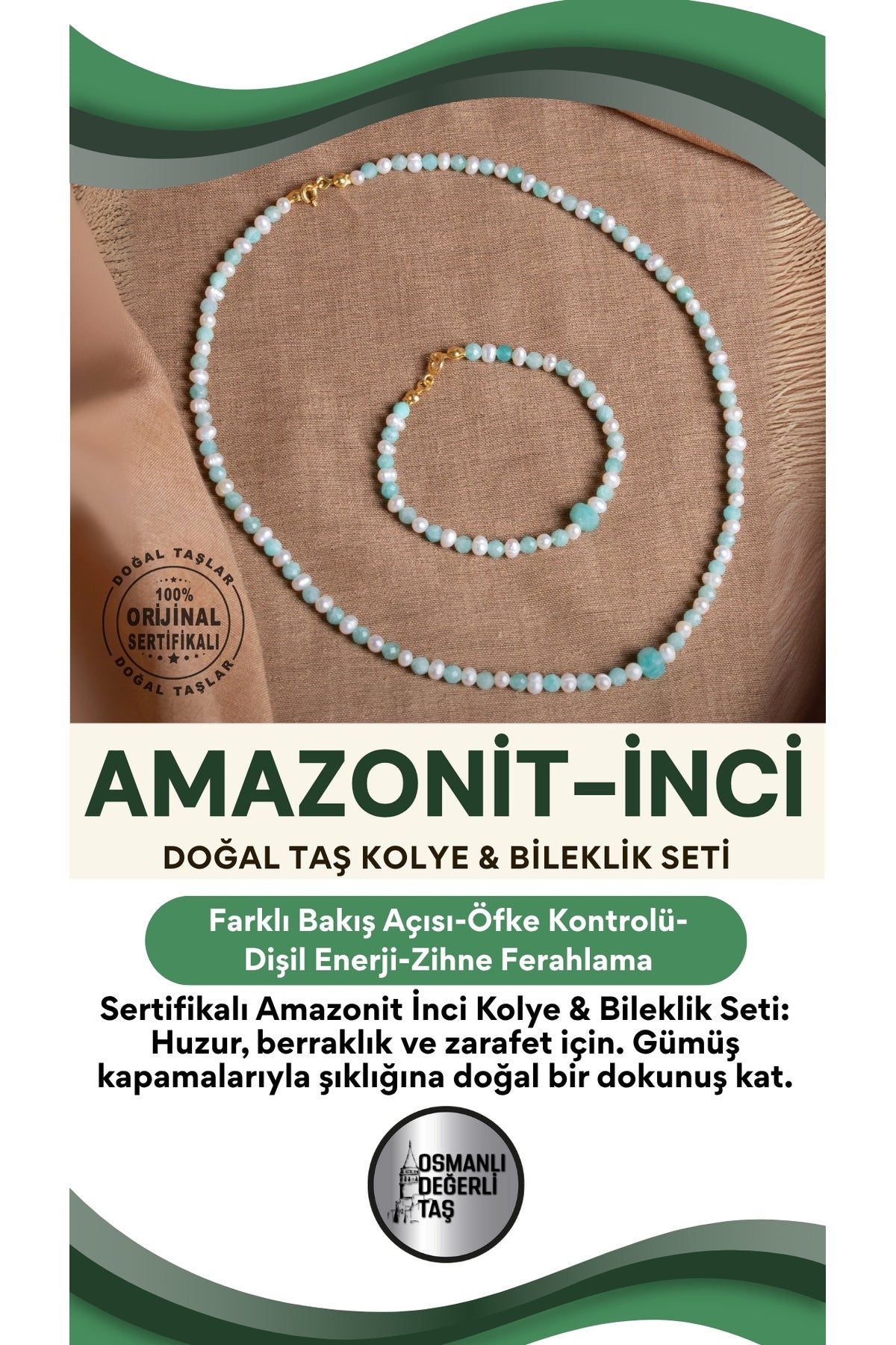 SERTİFİKALI Amazonit İnci Doğal Taş Gümüş Kapama Kolye(45CM) & Bileklik Seti(18CM)
