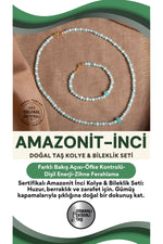 SERTİFİKALI Amazonit İnci Doğal Taş Gümüş Kapama Kolye(45CM) & Bileklik Seti(18CM)