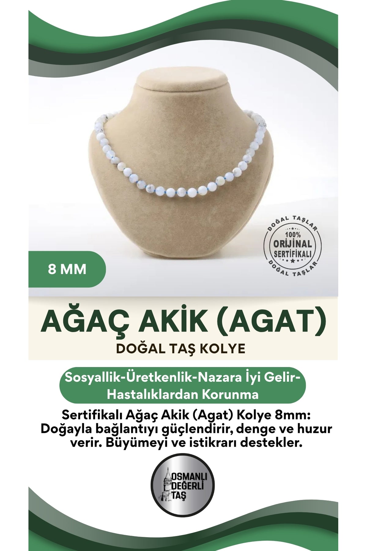 Sertifikalı Ağaç Akik Agad Kolye 8 Mm, M501