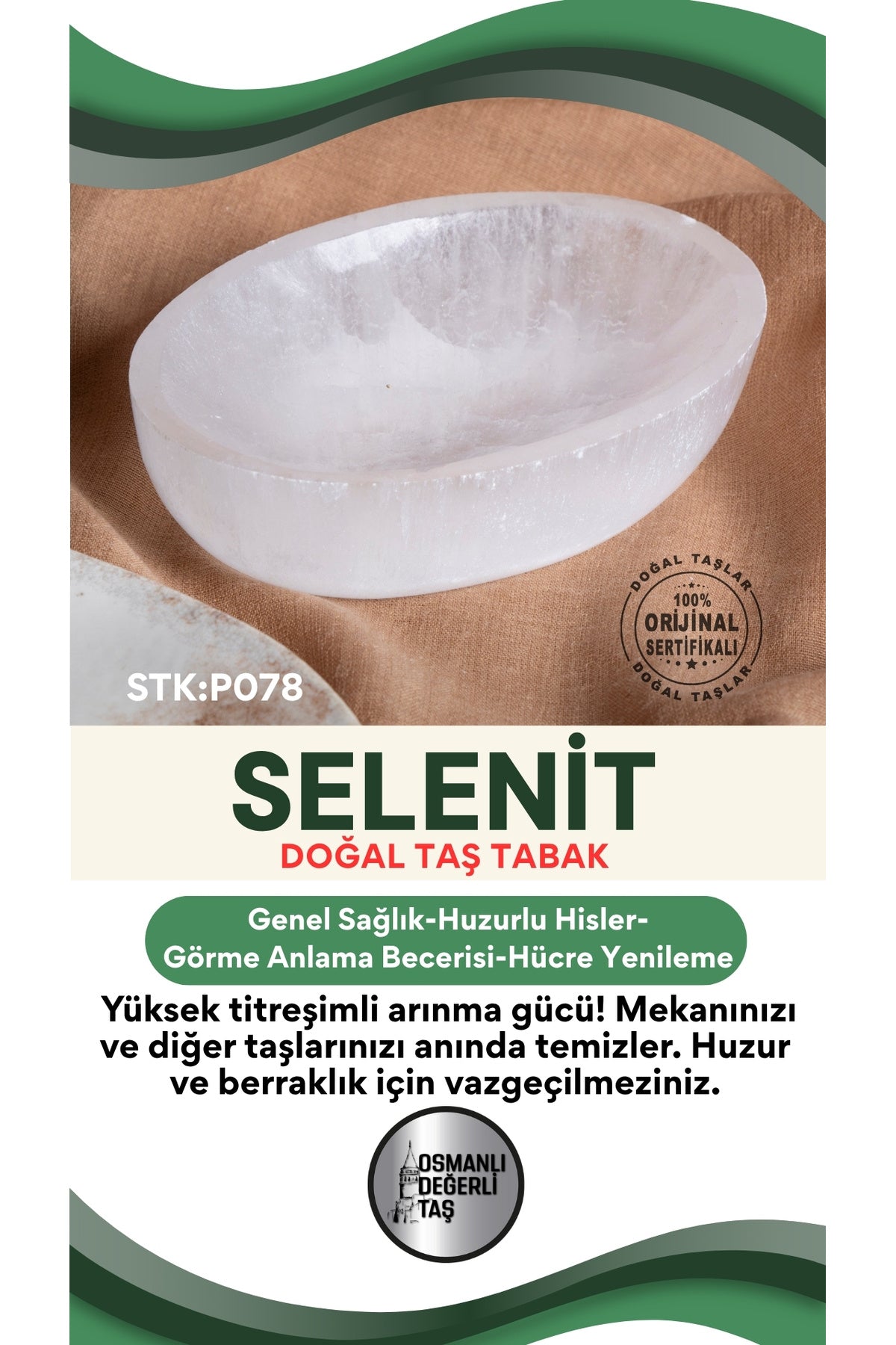 Sertifikalı Selenit Doğal Taş Elips Tabak No:6 P078