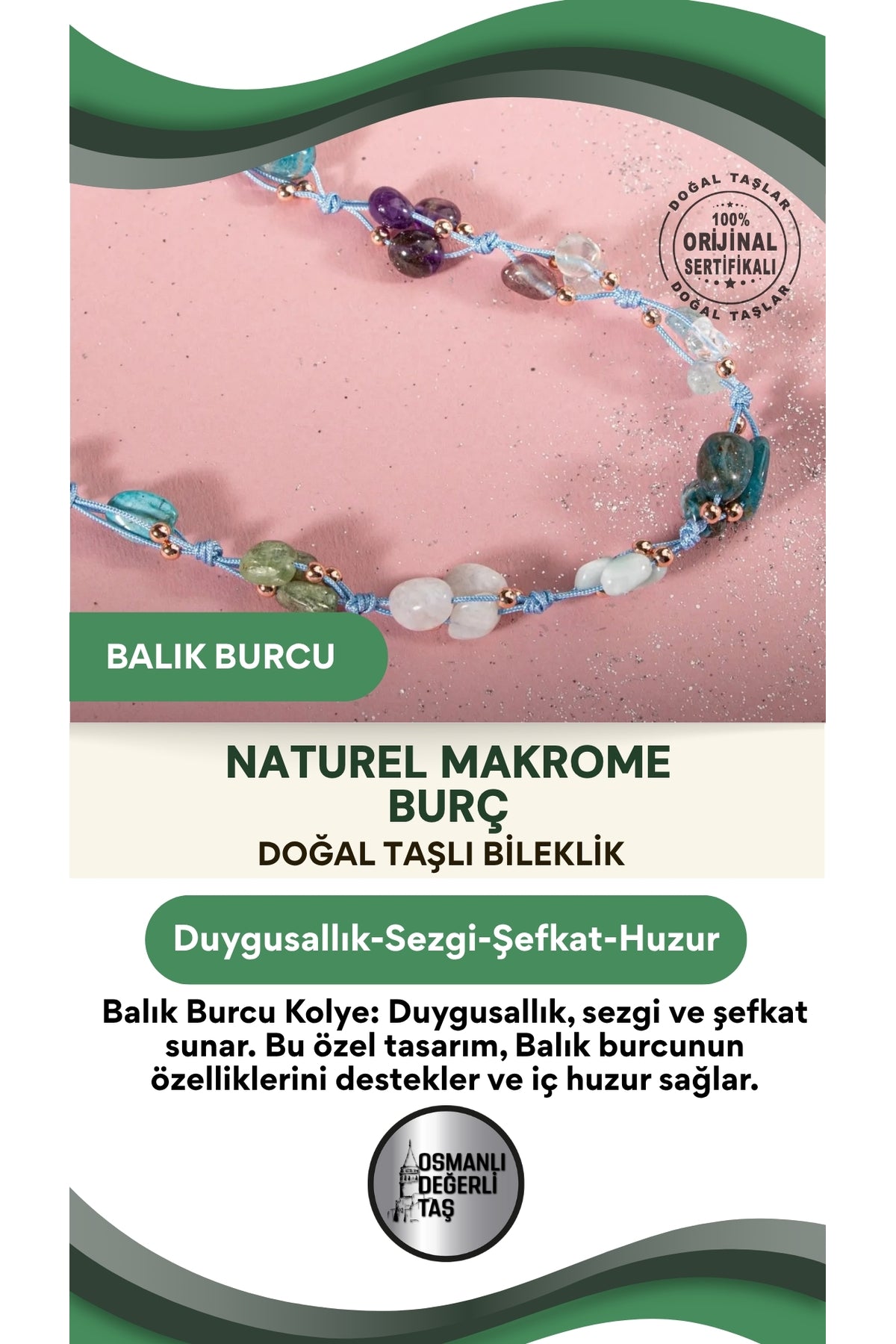 Balık Burcu Doğal Taş Natürel Makrome Kolye
