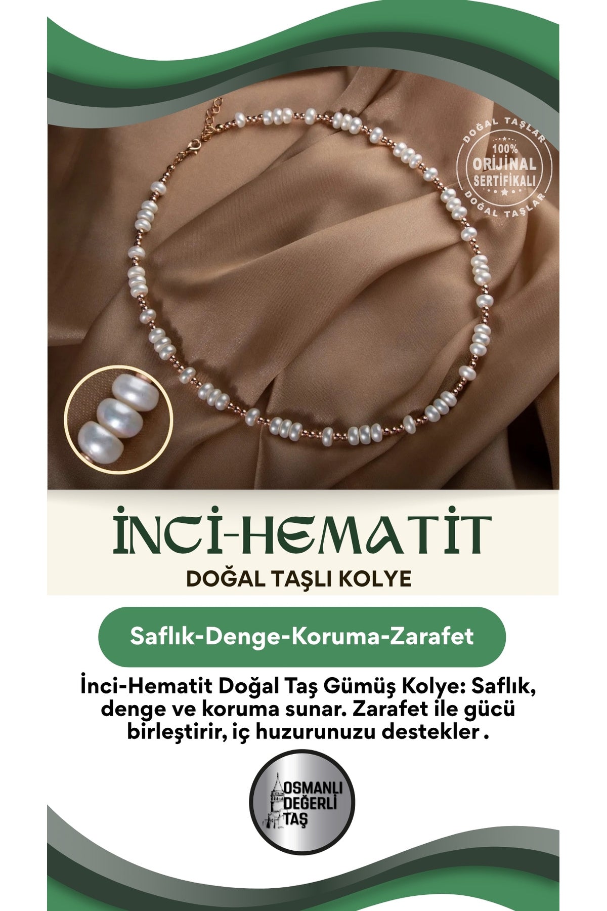 Inci-hematit Doğal Taş Gümüş Kolye