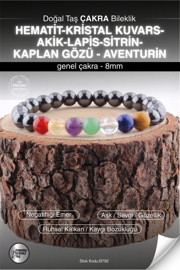 Çakra Doğal Taş Bileklik - Hematit-kristal Kuvars-akik-lapis-sitrin-kaplan Gözü - Aventurin 8mm B792