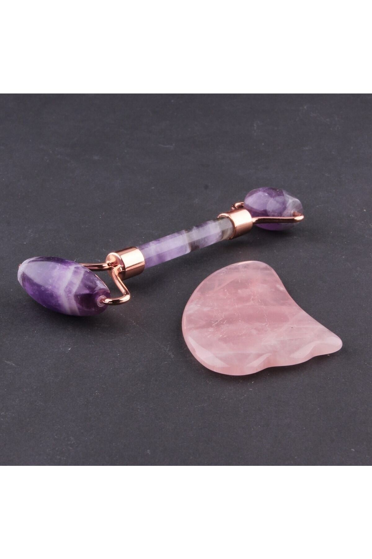 Ametist Doğal Taşı Roller ve Pembe Kuvars Doğal Taşı Kaz Ayağı Gua Sha Masaj Takımı Ma069
