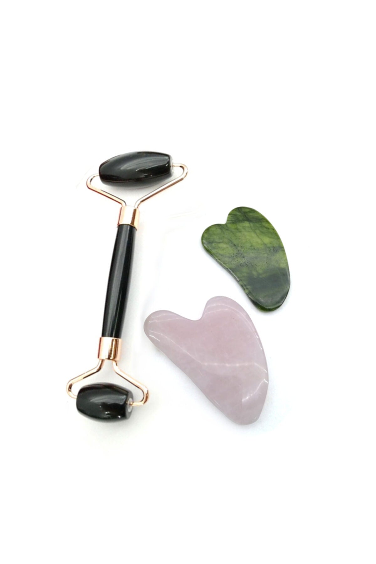 Sertifikalı Obsidyen Masaj Taşı Roller Ve Pembe Kuvars-yeşim Gua Sha (KALP TASARIMLI) Set