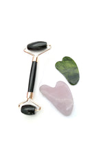 Sertifikalı Obsidyen Masaj Taşı Roller Ve Pembe Kuvars-yeşim Gua Sha (KALP TASARIMLI) Set