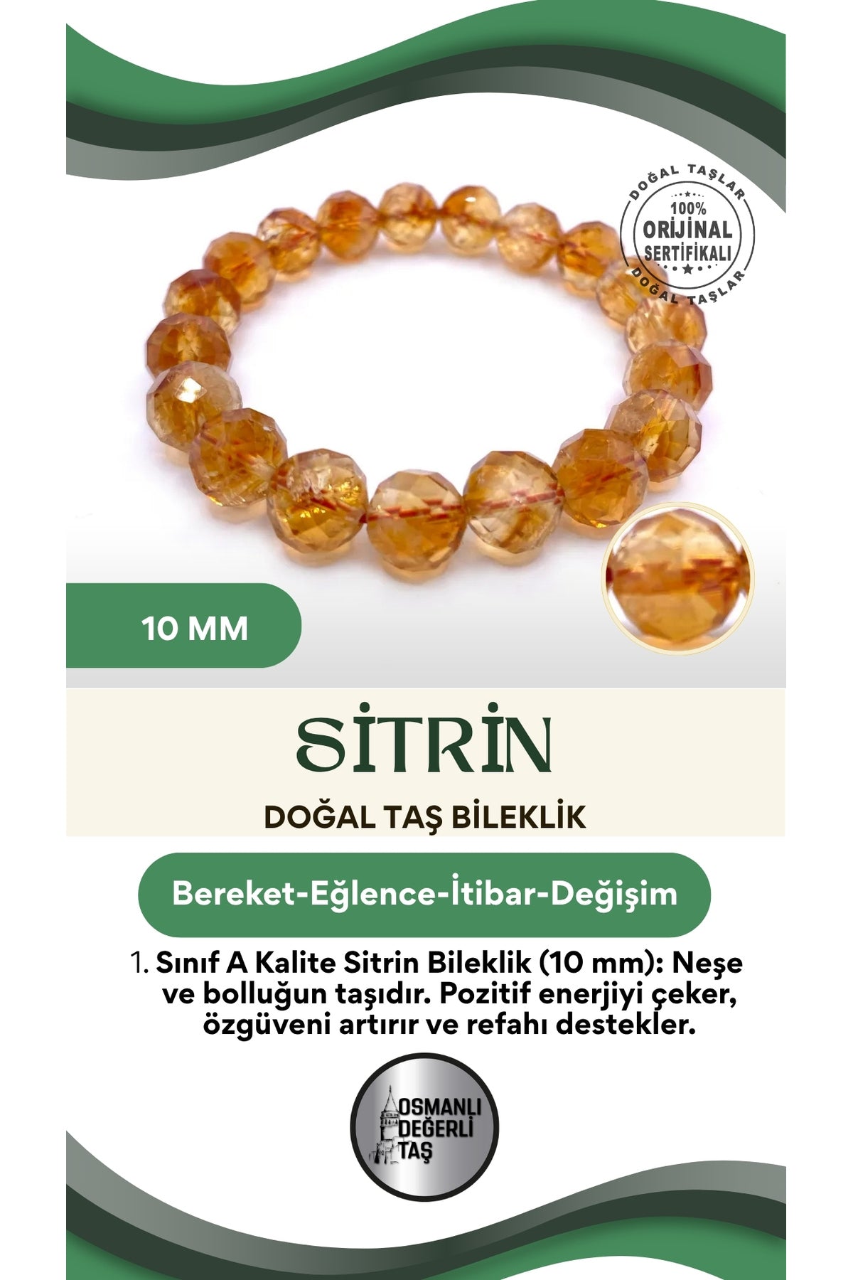 1. Sınıf A Kalite Sitrin Doğal Taş Bileklik 10 Mm