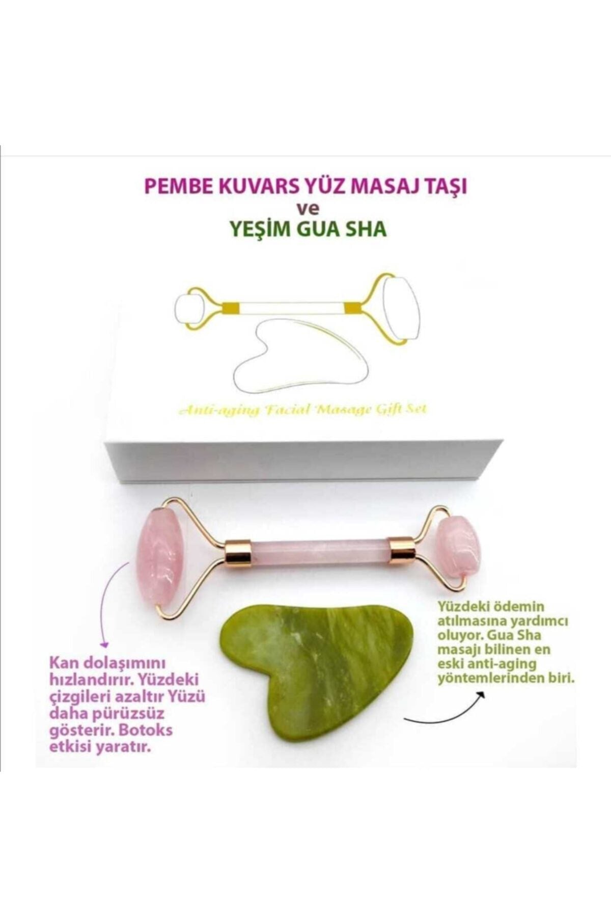 Sertifikalı 1. Sınıf Pembe Kuvars Roller Ve Gua Sha Takım Serfikikalı
