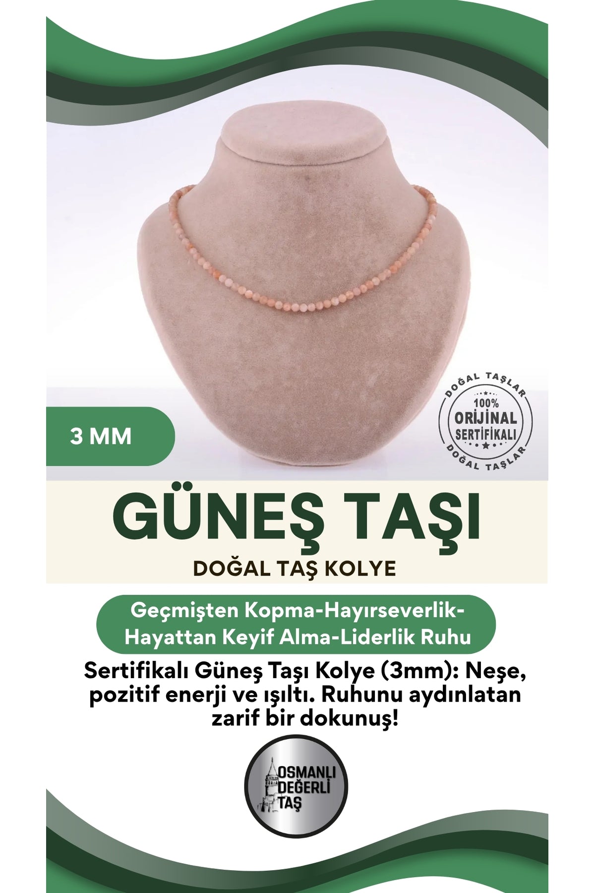 Sertifikalı Güneş Taşı Doğal Taş Kolye 3 Mm - M403
