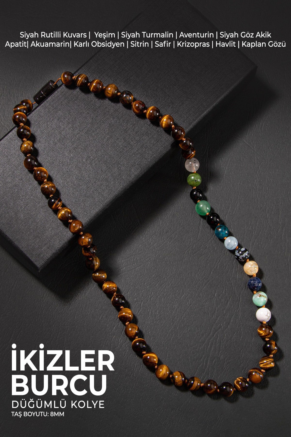 Ikizler Burcu Düğümlü Kolye Sertifikalı Doğal Taşlı (SAFİR, TURMALİN, SİTRİN, KAPLAN GÖZÜ)