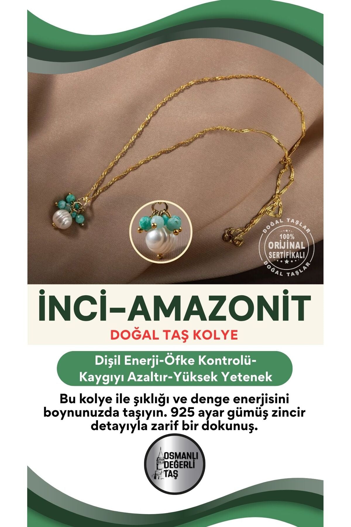 Inci-amazonit Doğal Taş Gümüş Kolye