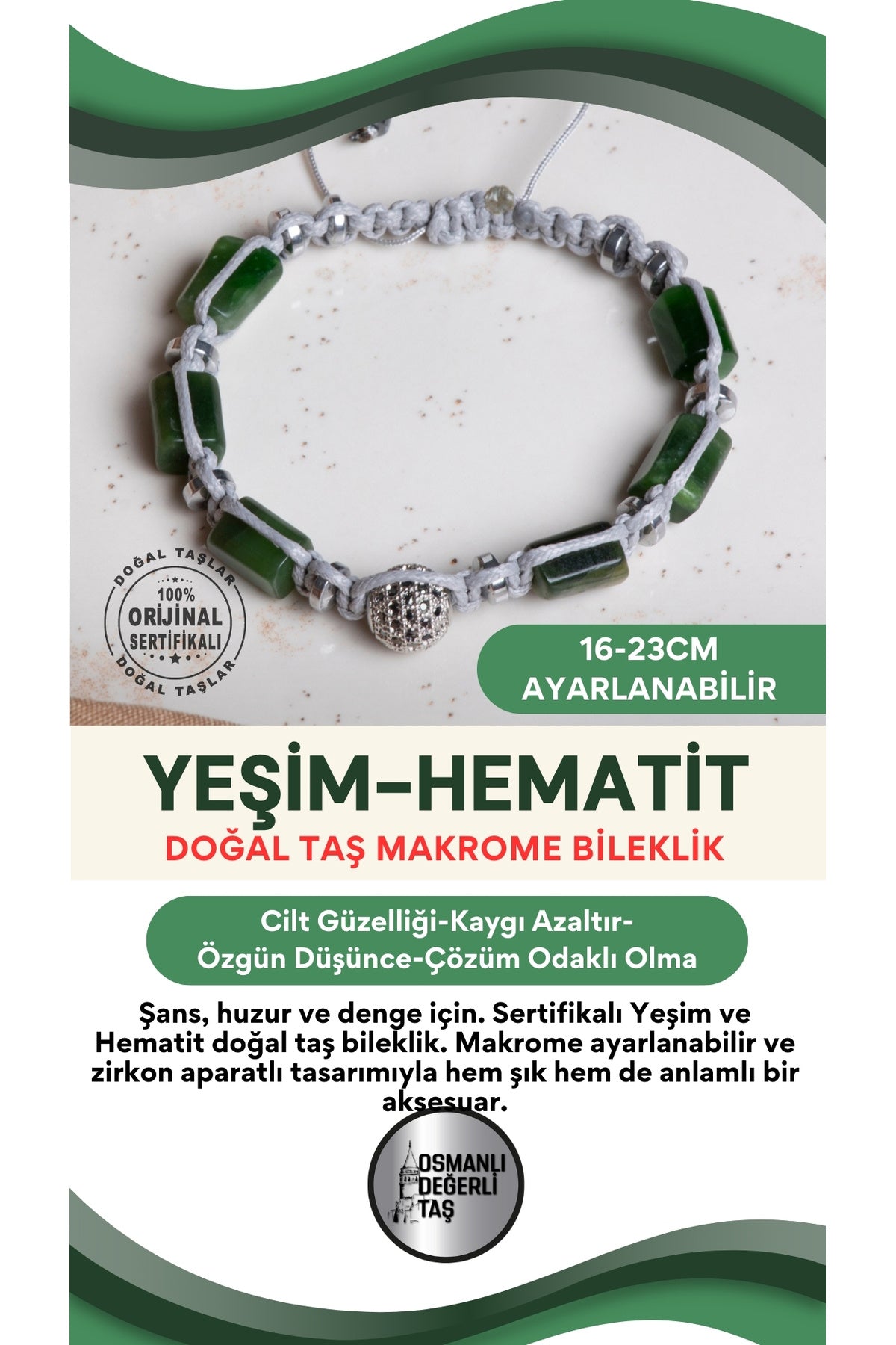 SERTİFİKALI Yeşim-Hematit Doğal Taş Makrome Ayarlanabilir Zirkon Aparatlı Bileklik