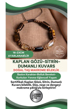SERTİFİKALI Kaplan Gözü-Sitrin-Dumanlı Kuvars Doğal Taş Ayarlanabilir Makrome Bileklik