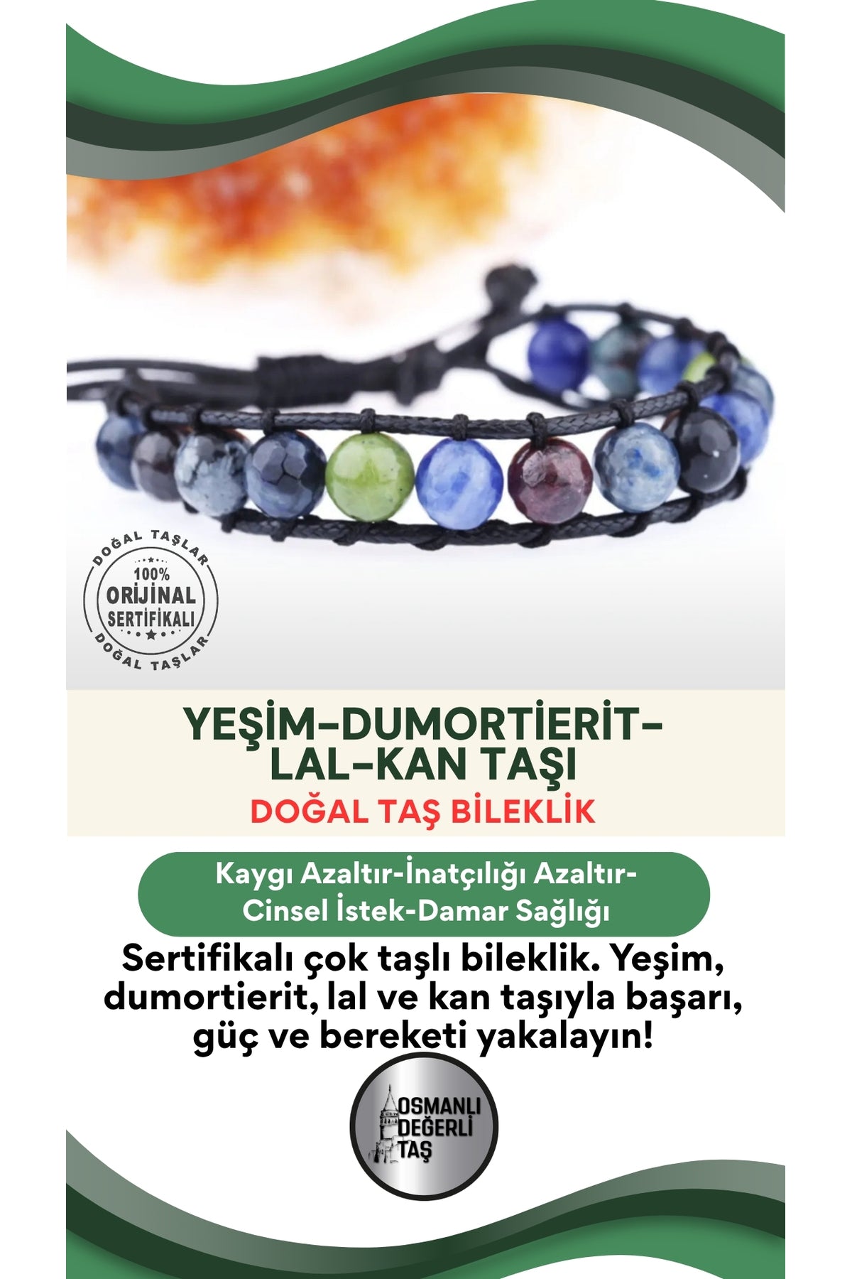 Sertifikalı Doğal Taş Bileklik - Yeşim,dumortierite,lal,kan Taşı,başarı,güç,bereket,kararlılık