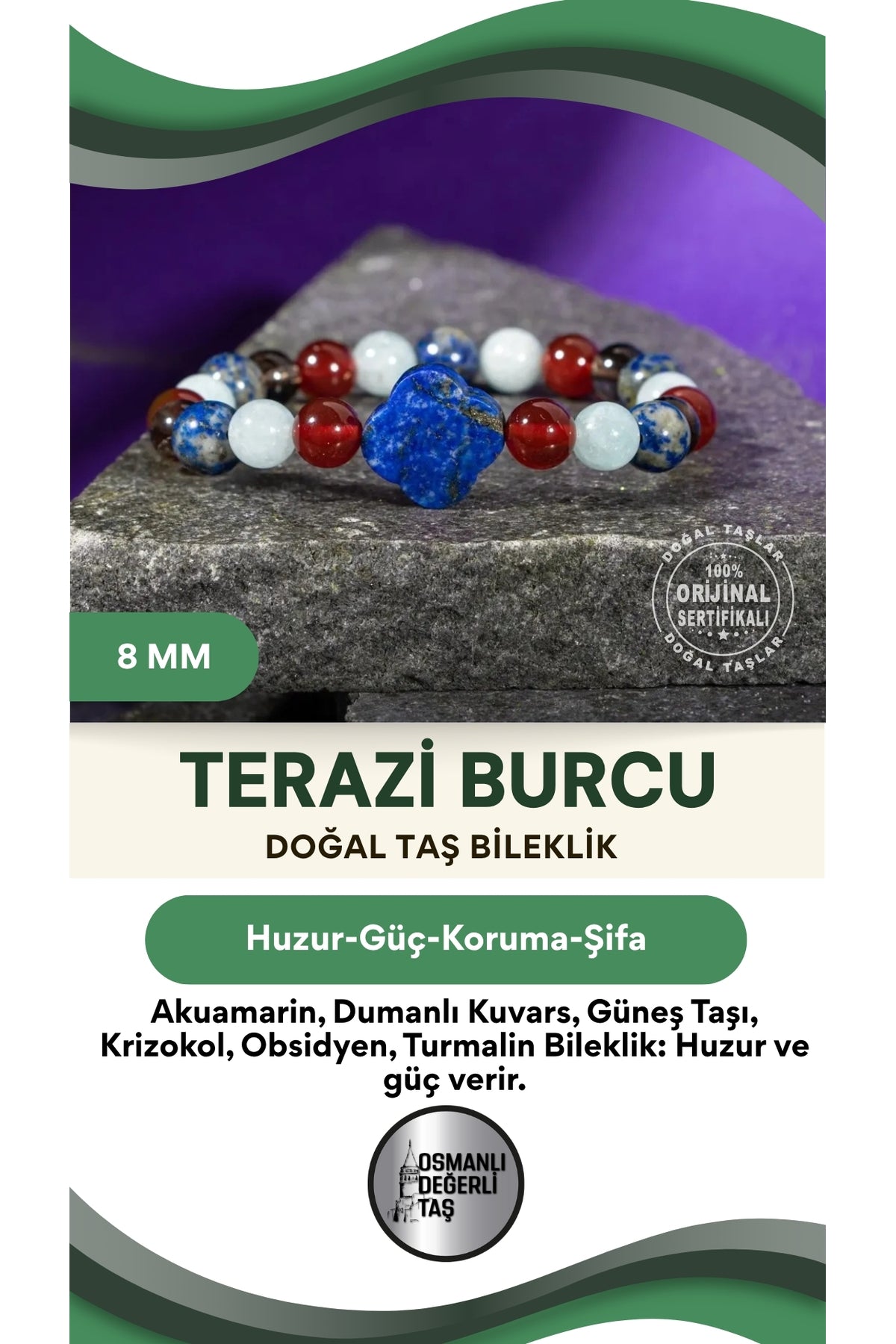 Terazi Burcu Doğal Taş 8mm Yonca Bileklik
