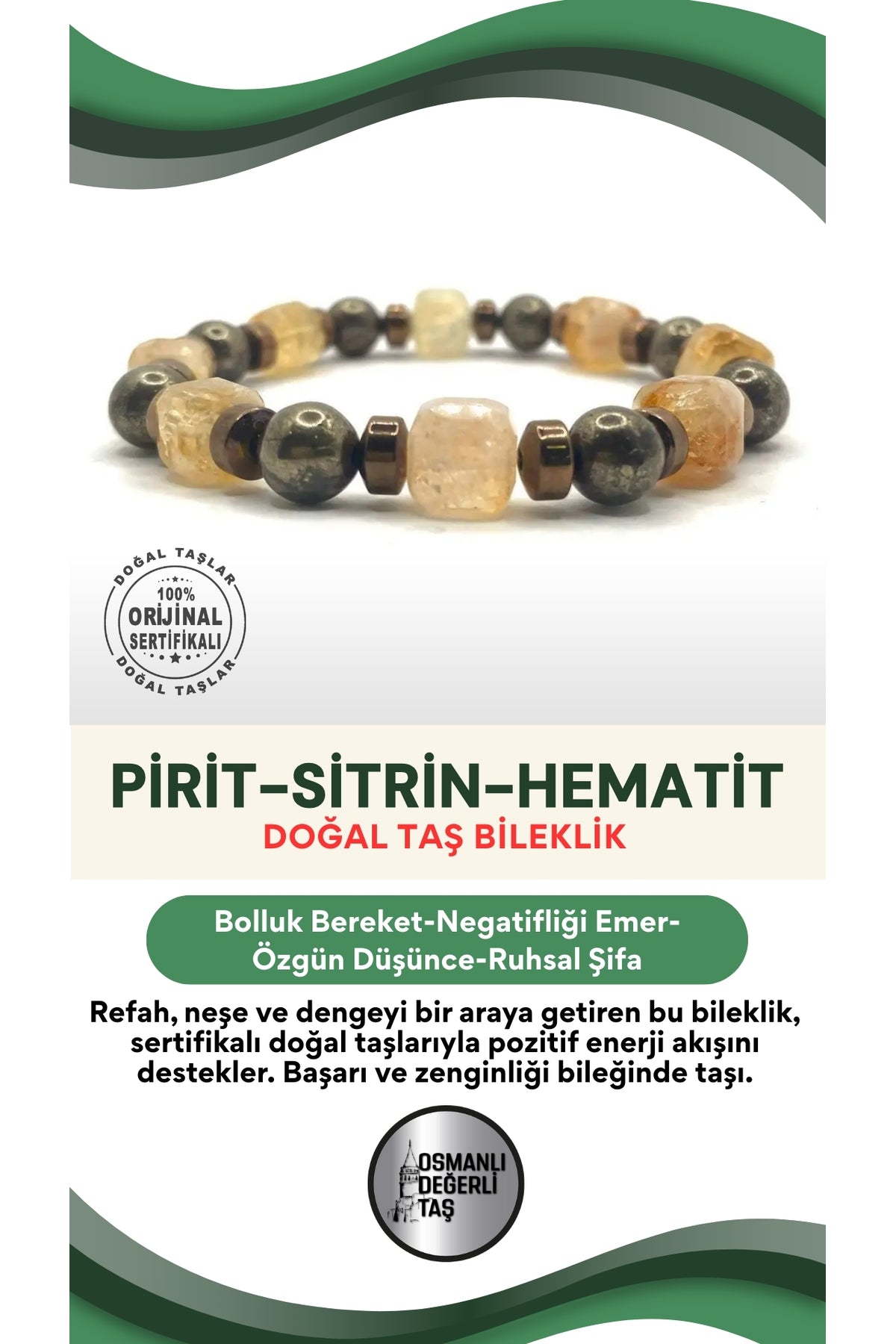 Sertifikalı Hakiki Orijinal 8mm Pirit - Sitrin - Hematit Doğal Taş Misinalı Bileklik