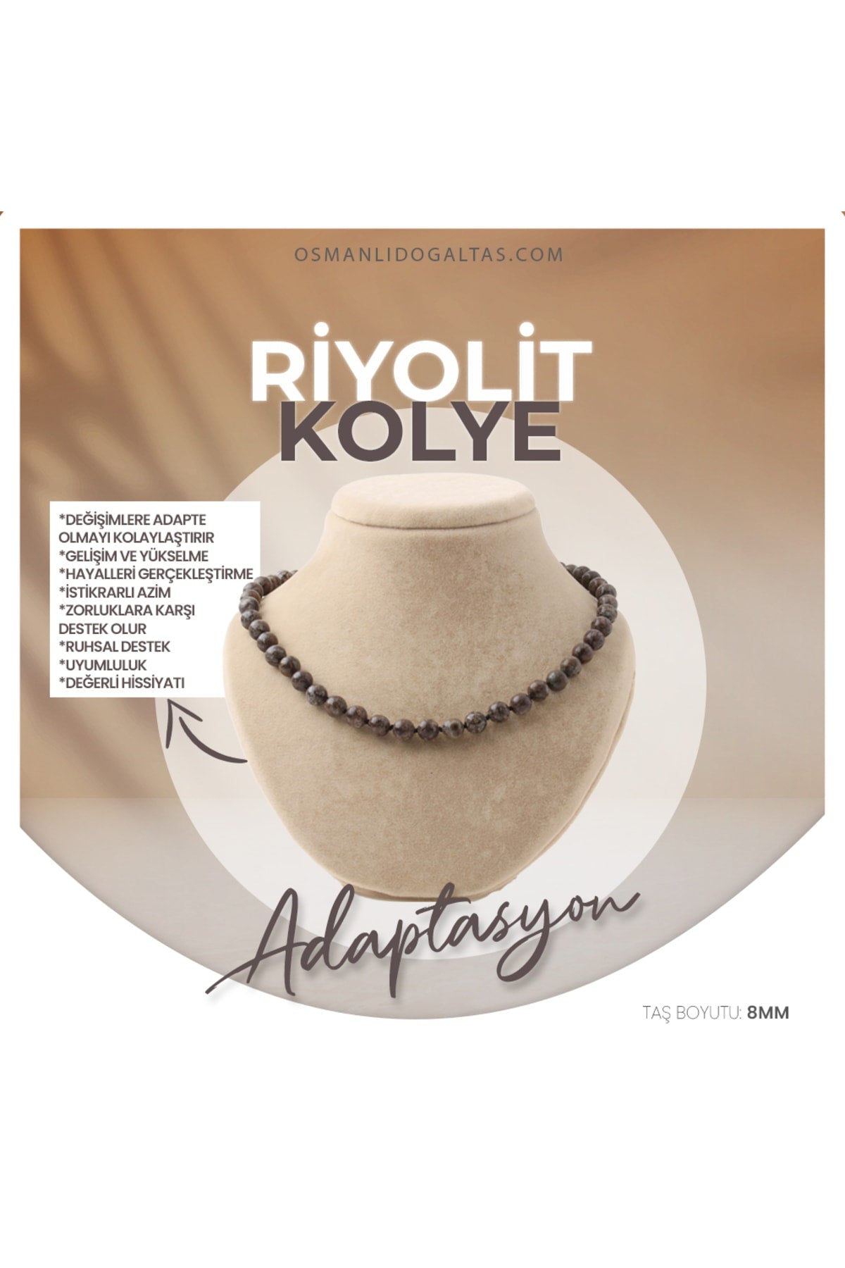 Sertifikalı Riyolit Doğaltaş Kolye 8 Mm, M539
