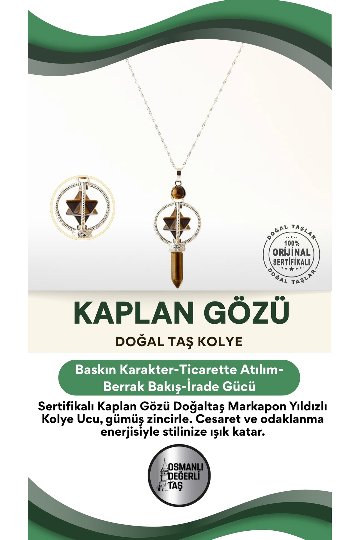 Sertifikalı Kaplan Gözü Doğaltaş Markapon Yıldızlı Kolye Ucu, Gümüş Zincirle Birlikte Ku002