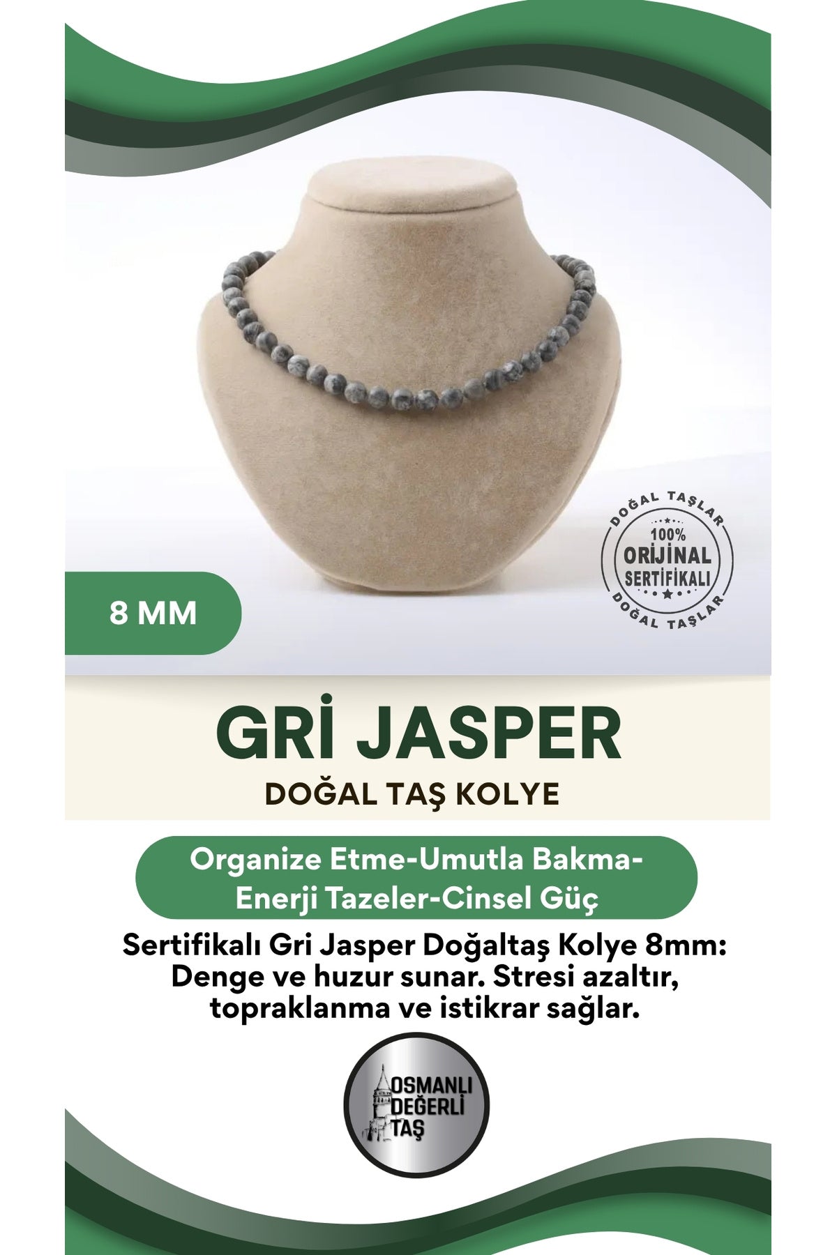 Sertifikalı Gri Jasper Doğaltaş Kolye 8 Mm, M517