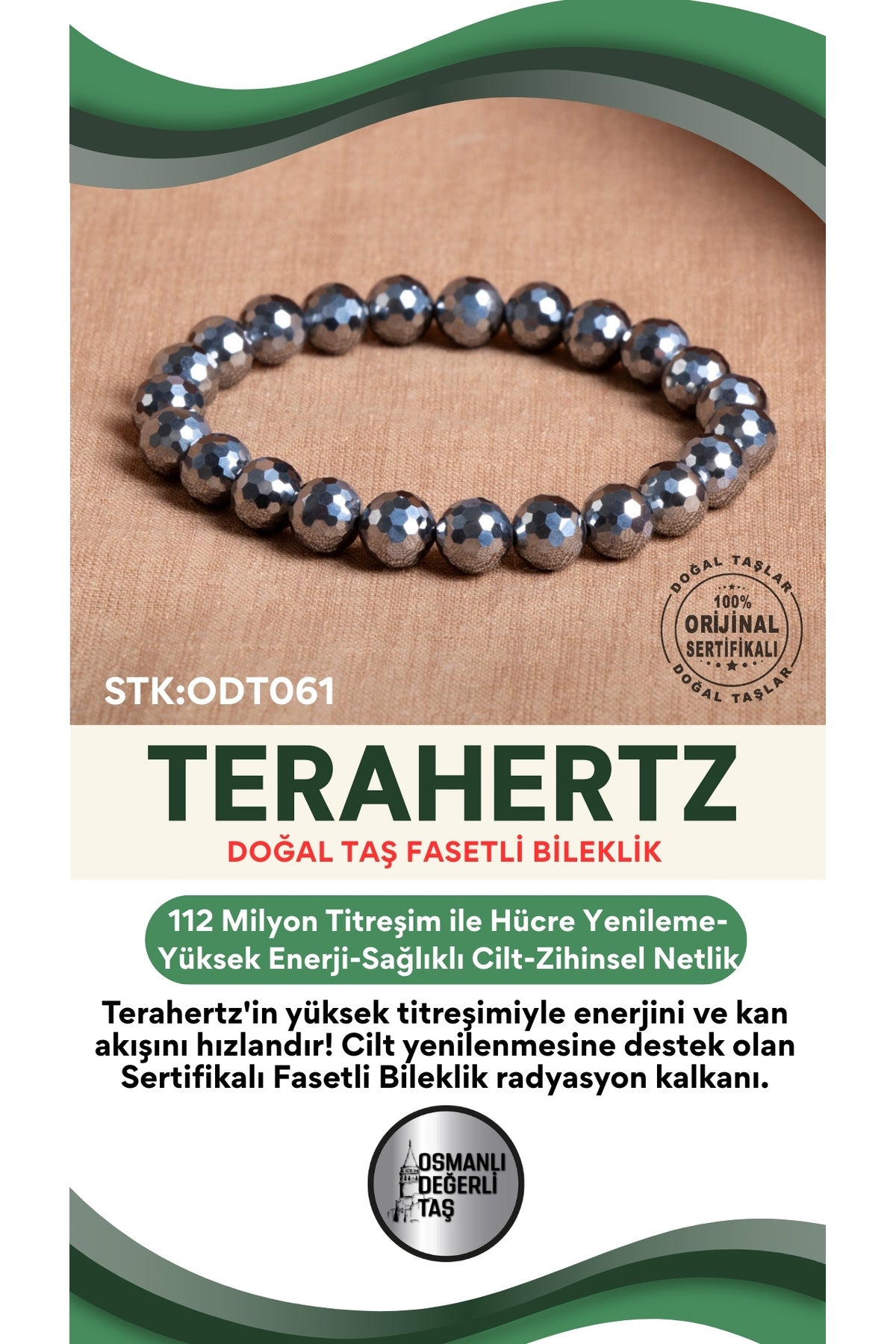 Sertifikalı Terahertz Doğal Taş Fasetli Bileklik ODT061