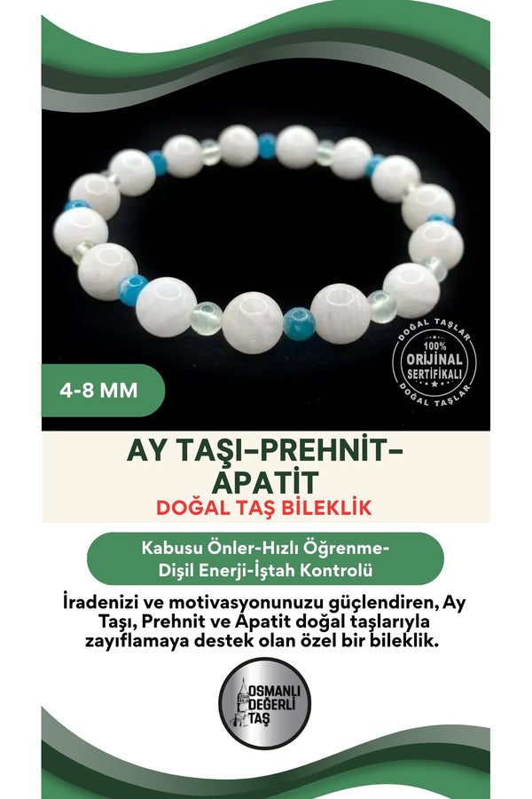 Zayıflama Açlık Bastırma Bilekliği - Ay Taşı - Prehnit - Apatit 4mm-8mm  Orijinal Doğal Taş Bileklik
