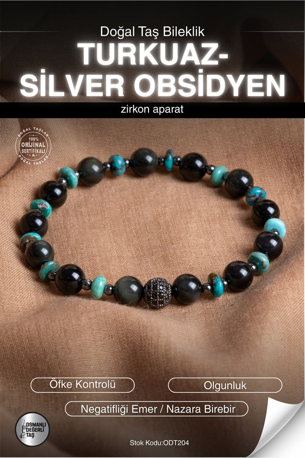 SERTİFİKALI Turkuaz-Silver Obsidyen Doğal Taş Zirkon Aparat Bileklik ODT204