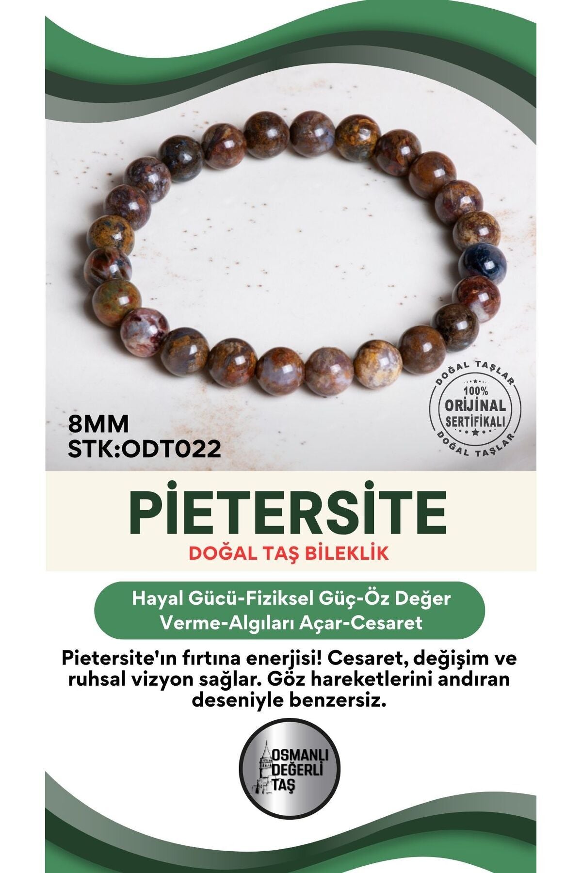 Sertifikalı Pietersite Doğal Taş Bileklik ODT022