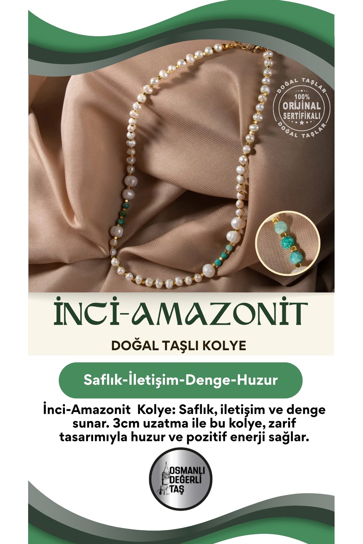 Inci-amazonit Doğal Taş Gümüş Kapama Kolye (3CM UZATMA İLE BİRLİKTE)