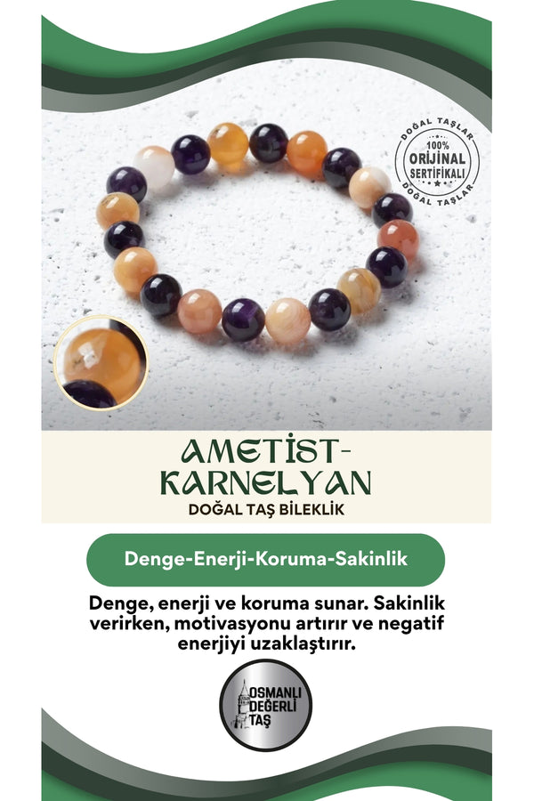 Sertifikalı Doğal Ametist ve Karnelyan Bileklik – Denge, Enerji ve Koruma