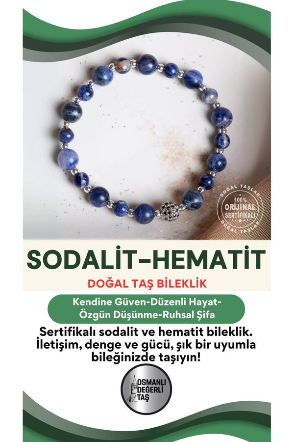 SERTİFİKALI Sodalit-Hematit Doğal Taş Bileklik 6-8 mm