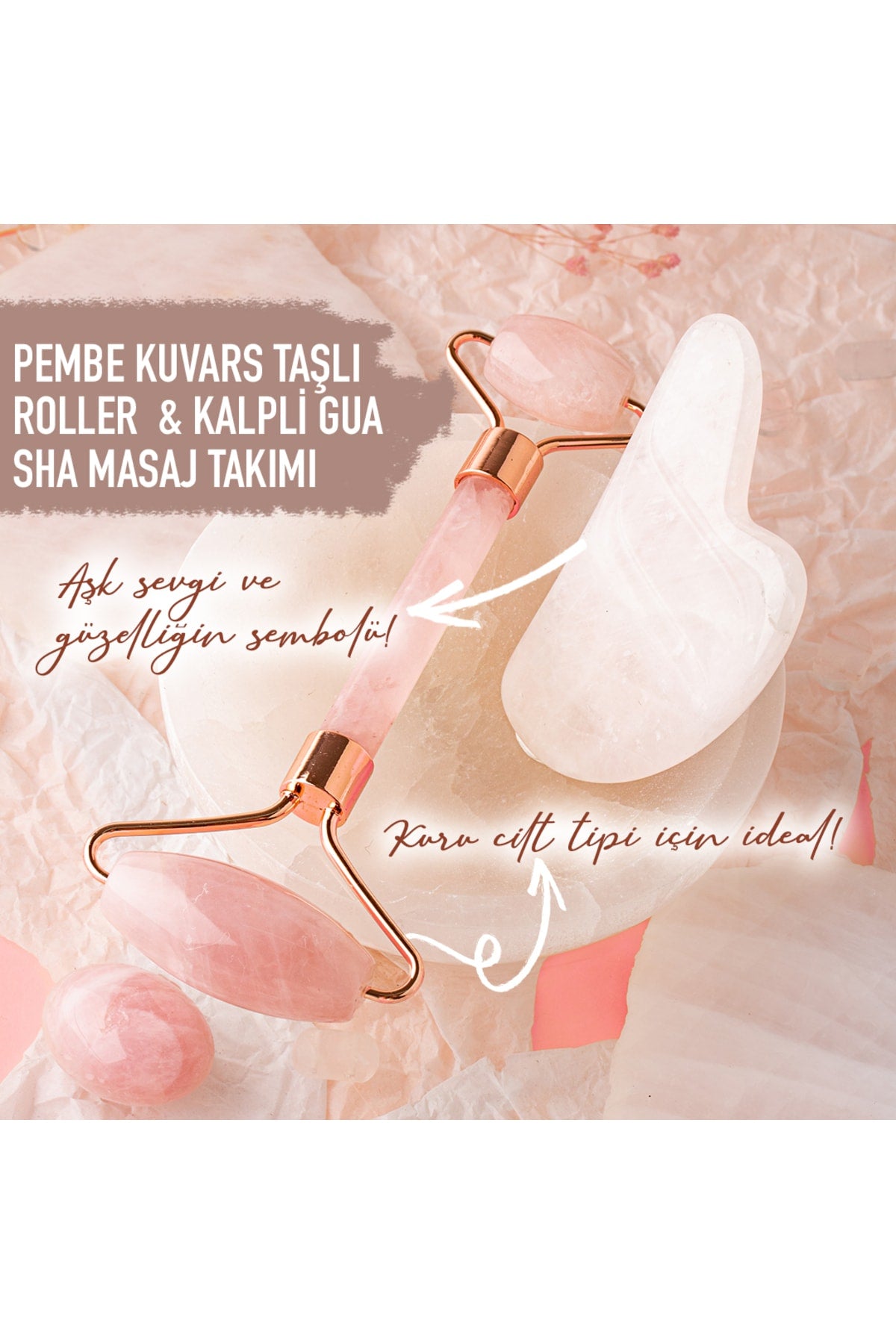 Sertifikalı Pembe Kuvars Doğal Taşı Roller Ve Kalpli Gua Sha Masaj Takımı