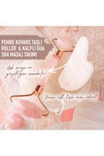 Sertifikalı Pembe Kuvars Doğal Taşı Roller Ve Kalpli Gua Sha Masaj Takımı