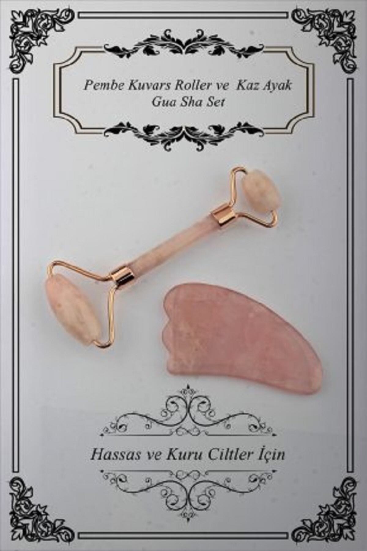 Sertifikalı Pembe Kuvars Roller Ve Pembe Kuvars Kaz Ayaklı Gua Sha Masaj Takımı