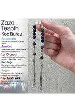 Koç Burcu Zaza Tesbih Doğal Taş Akuamarin-ametit-lal-kan Taşı-jasper-siyah Göz Akik