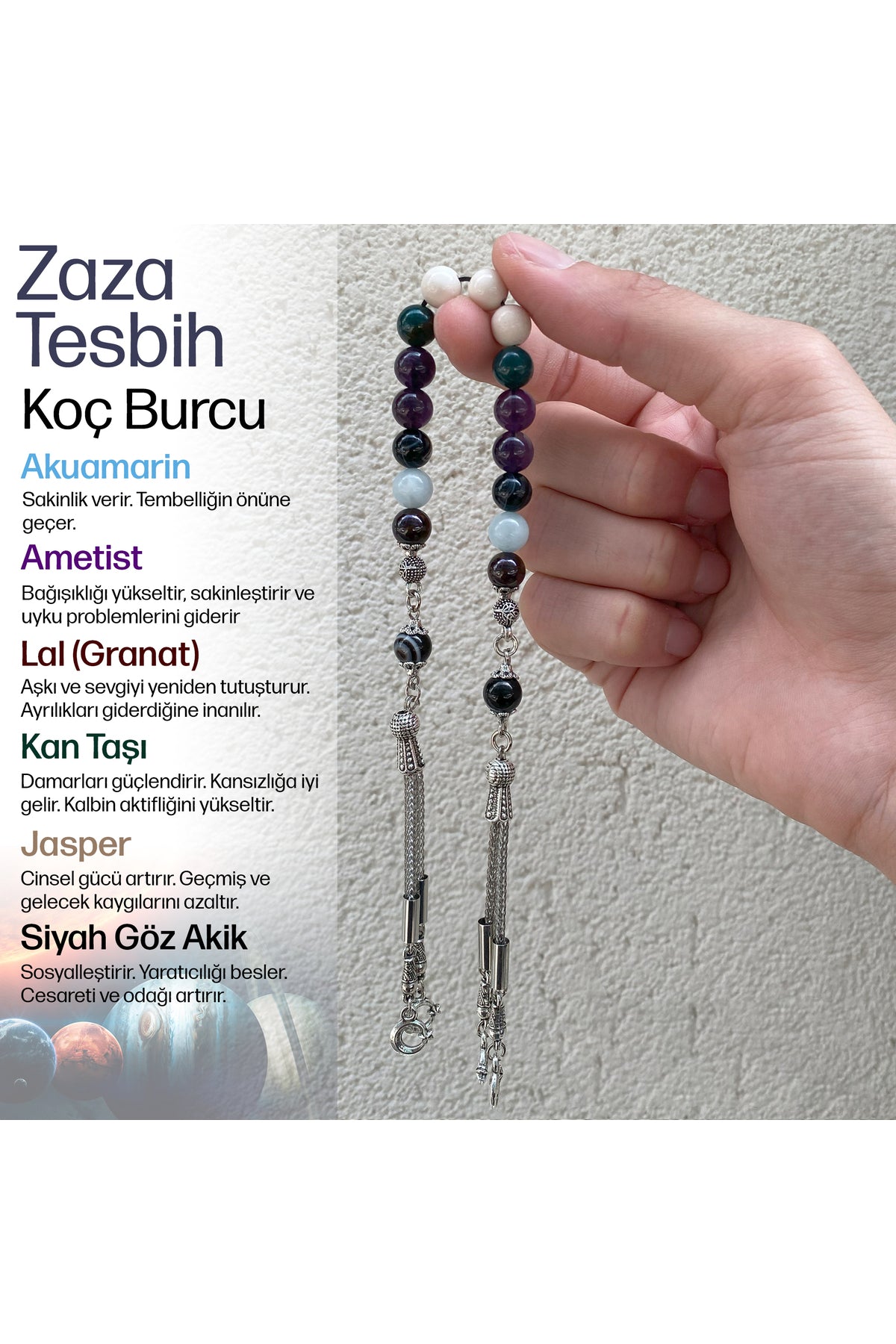 Koç Burcu Zaza Tesbih Doğal Taş Akuamarin-ametit-lal-kan Taşı-jasper-siyah Göz Akik