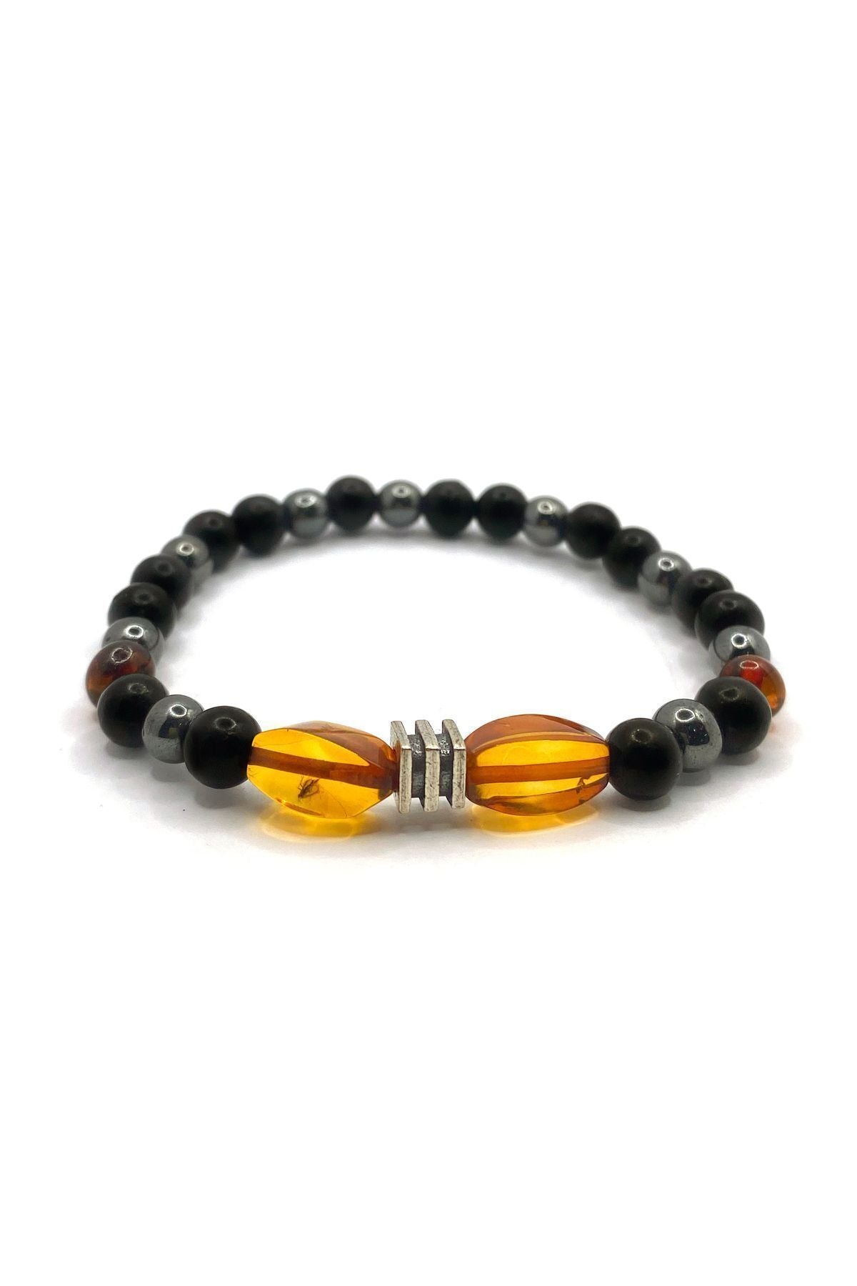 Orijinal Hakiki Kehribar - Shungite - Hematit Misinalı Doğal Taş Bileklik 6mm
