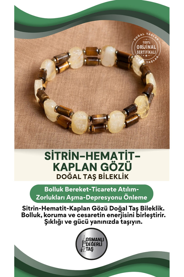 Sertifikalı sitrin - hematit - kaplan gözü doğal taş bileklik