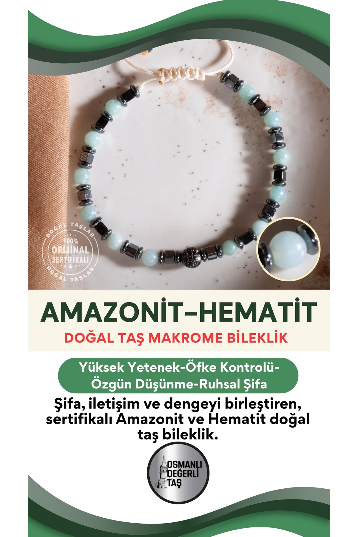SERTİFİKALI Amazonit-Hematit Doğal Taş Makrome Ayarlanabilir Bileklik