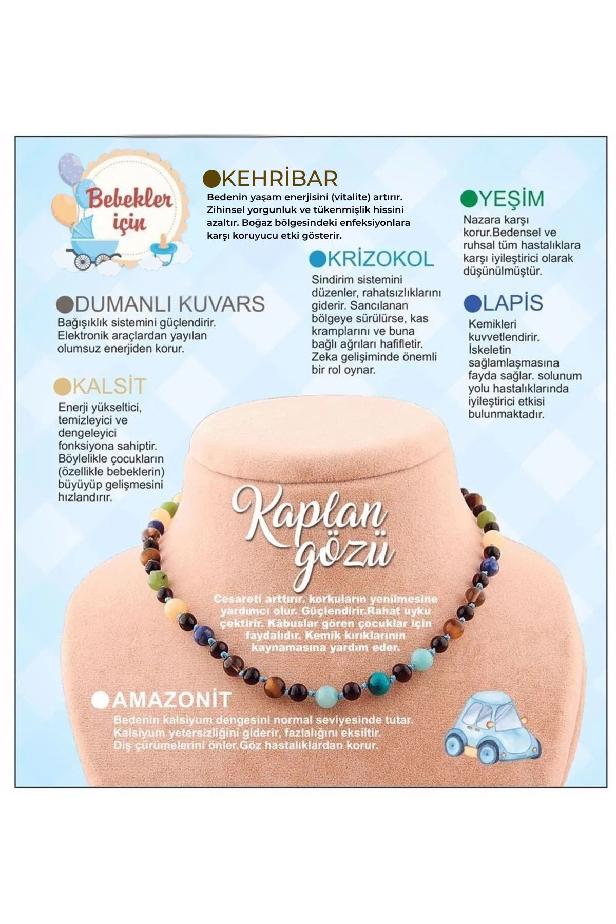 Sertifikalı Doğal Taş Bebek Kolye - Dumanlı Kuvars-kalsit-krizokol-yeşim-lapis-kaplan Gözü-amazonit