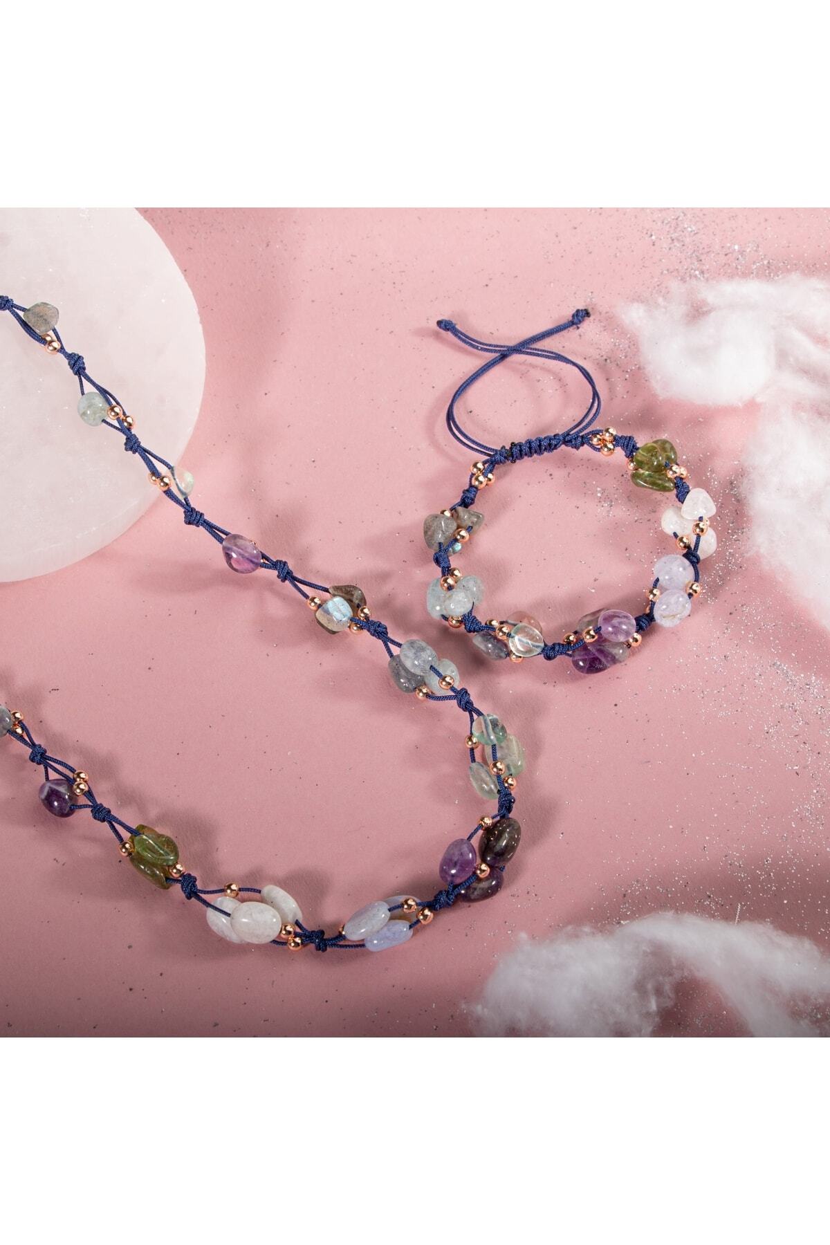 Kova Burcu Doğal Taş Natürel Makrome Kolye Bileklik Seti