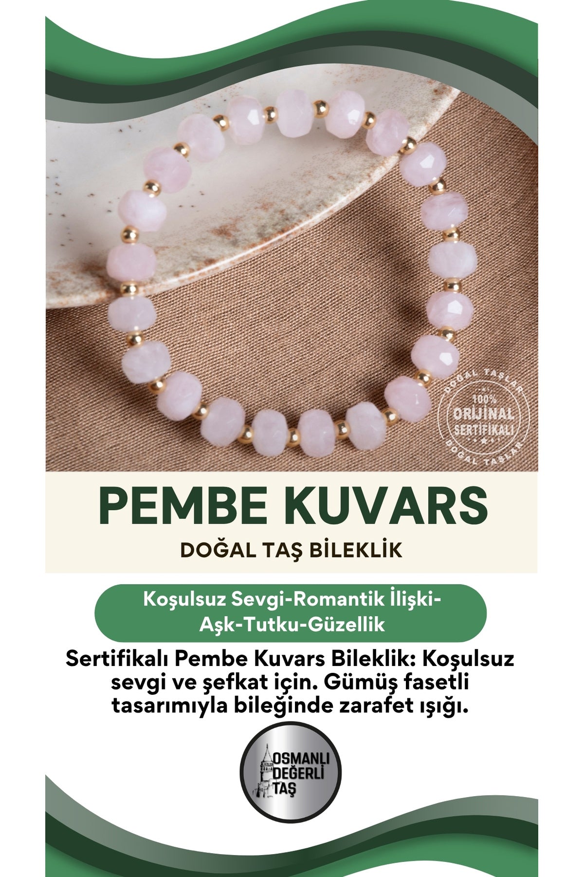 SERTİFİKALI Pembe Kuvars Doğal Taş Gümüş Fasetli Bileklik