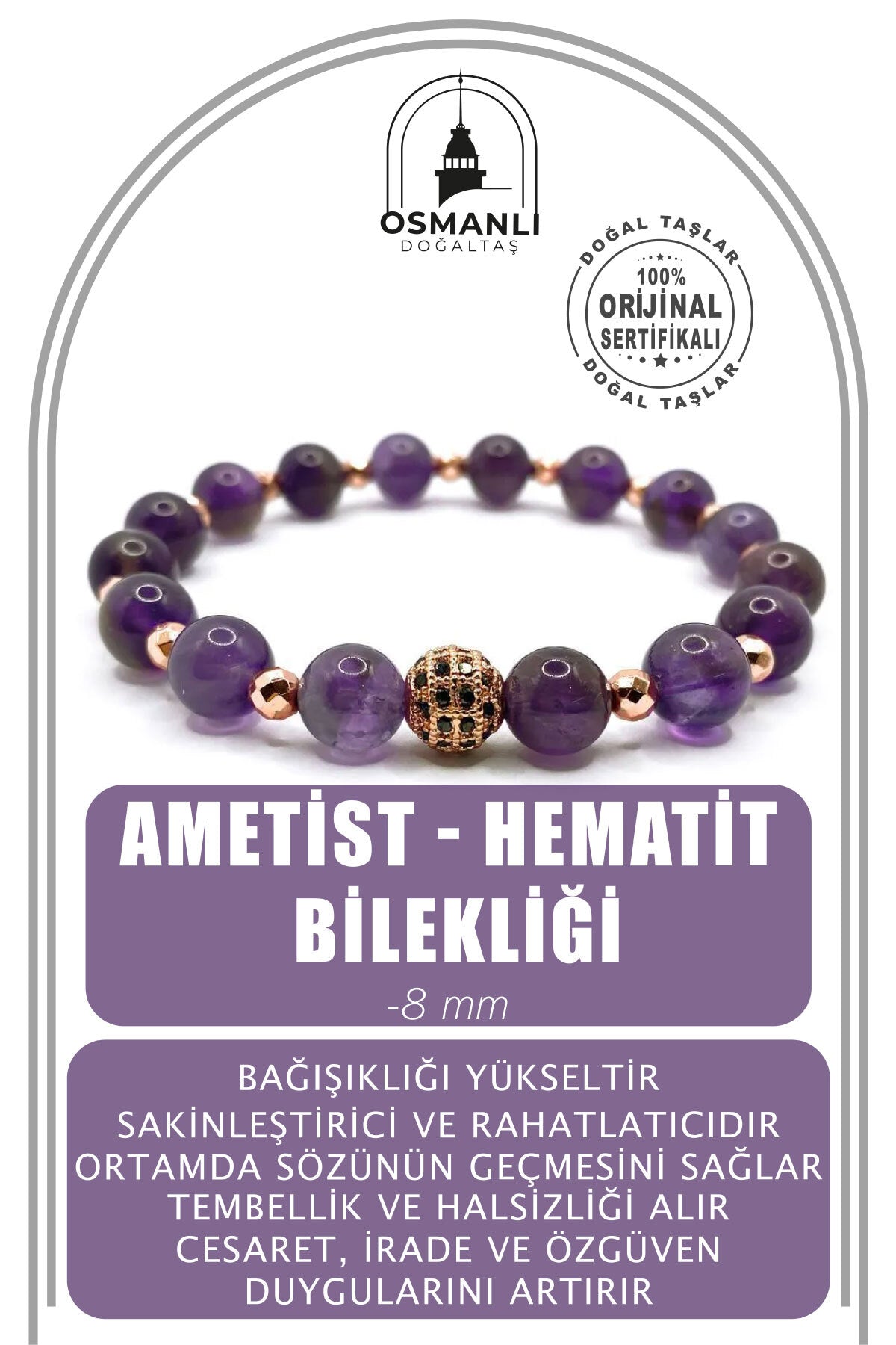 Sertifikalı Hakiki Orijinal 8mm Ametist - Hematit Doğal Taş Zirkon Aparatlı Misinalı Bileklik