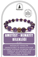 Sertifikalı Hakiki Orijinal 8mm Ametist - Hematit Doğal Taş Zirkon Aparatlı Misinalı Bileklik