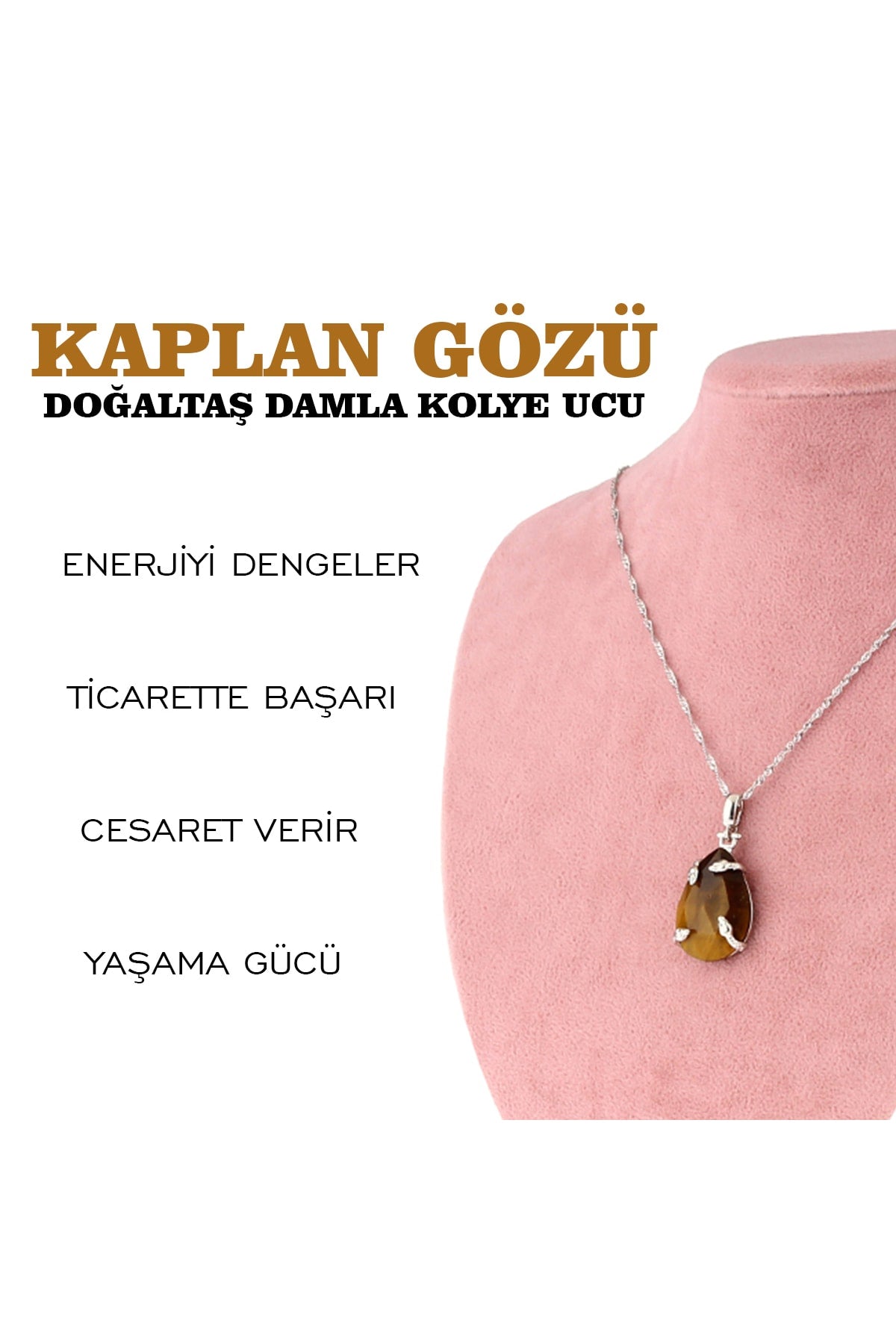 Sertifikalı Kaplan Gözü Doğaltaş Damla Kolye Ucu, Gümüş Zincirle Beraber M434