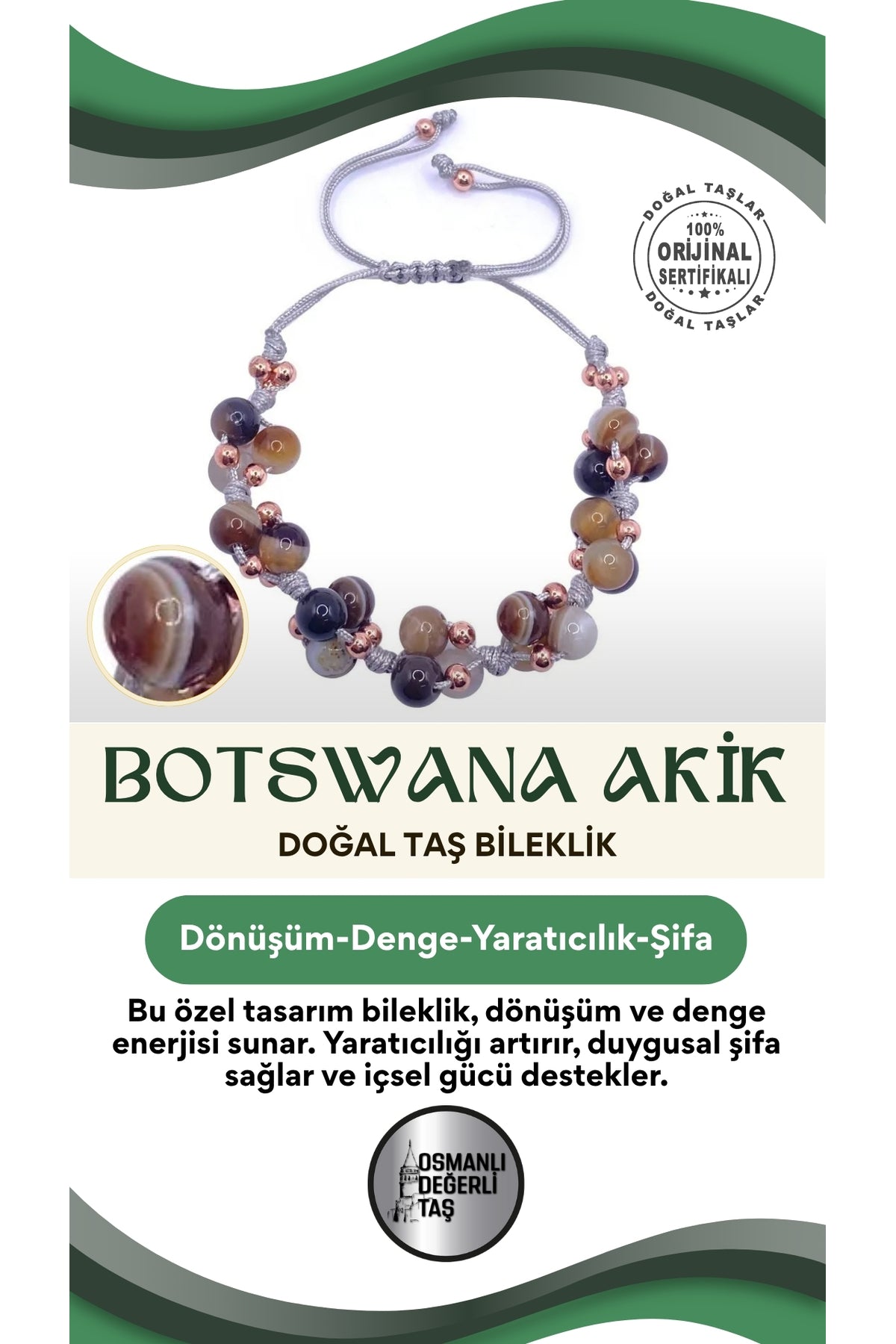 Botswana Akik Doğal Taş Merdiven Kapama Bileklik Özel Tasarım