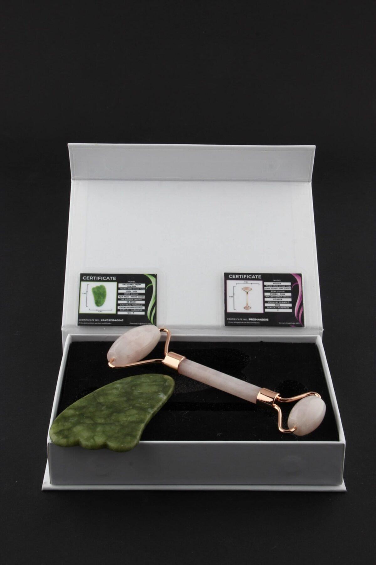 Sertifikalı Pembe Kuvars Masaj Taşı Roller Ve Yeşim Gua Sha (KAZ AYAĞI TASARIMLI) Set
