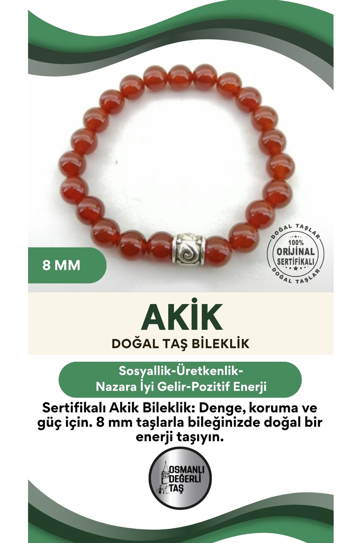 Sertifikalı Akik Bileklik 8 Mm B334