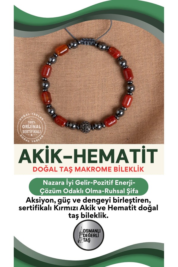 sertifikalı kırmızı akik - hematit Doğal Taş Makrome Bileklik
