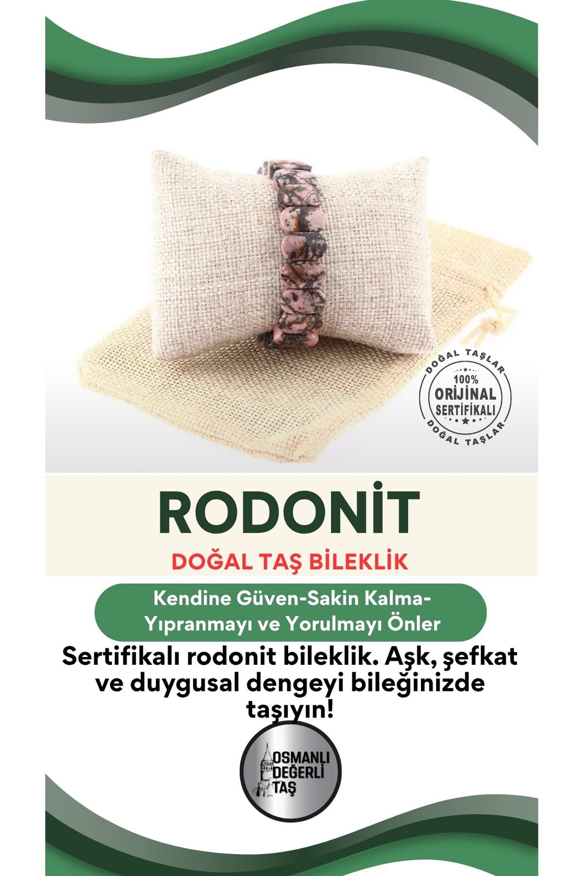 Sertifikalı Rodonit Doğal Taş Roleks Bileklik B474